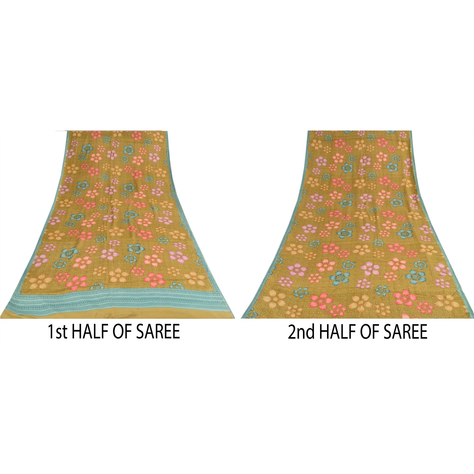 Sanskriti Vintage Saree Green Pure Crepe Silk Floral Printed Sari 5.5+Yd Fabric
