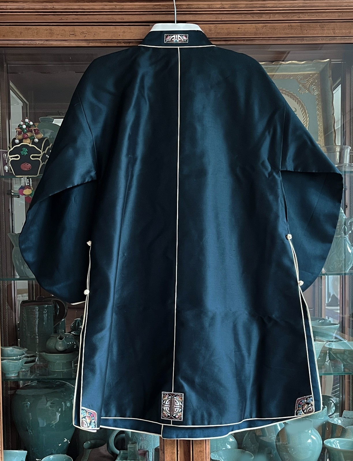 S-M Traditional Korean Hanbok Dress Silk Durumagi Coat-Midnight Navy/ Ivory Trim