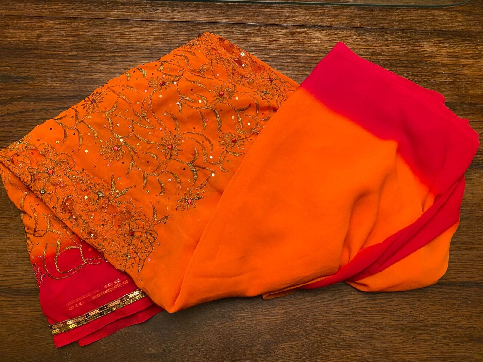 Vintage SARI Wrap ORANGE SHeer Chiffon Embroidery SEQUIN Fabric 6 yds 45″ Red