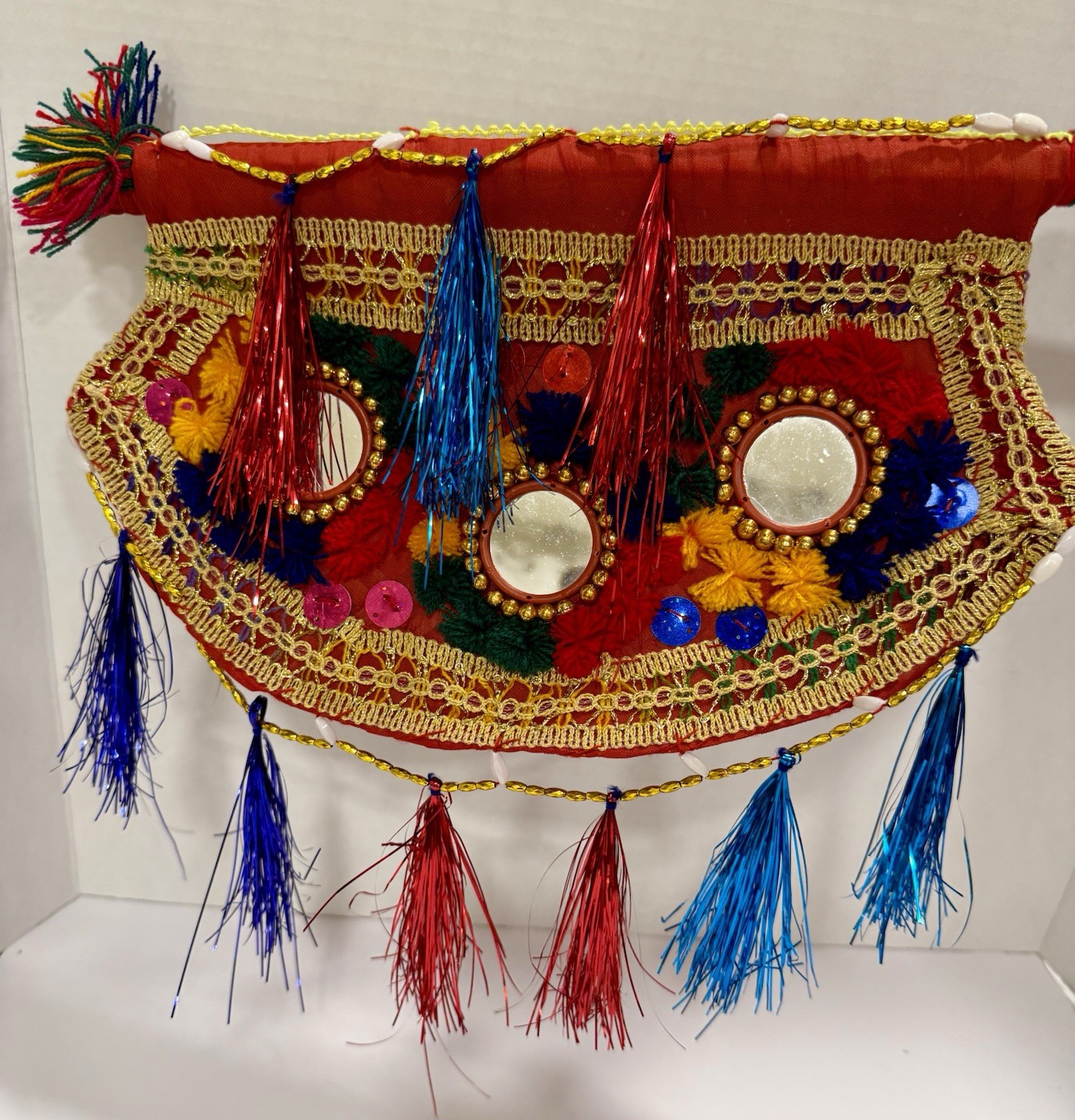 Vintage Pakistani Handmade Embroidered Mirror Work Hand Fan Pankhy Tassels 18”