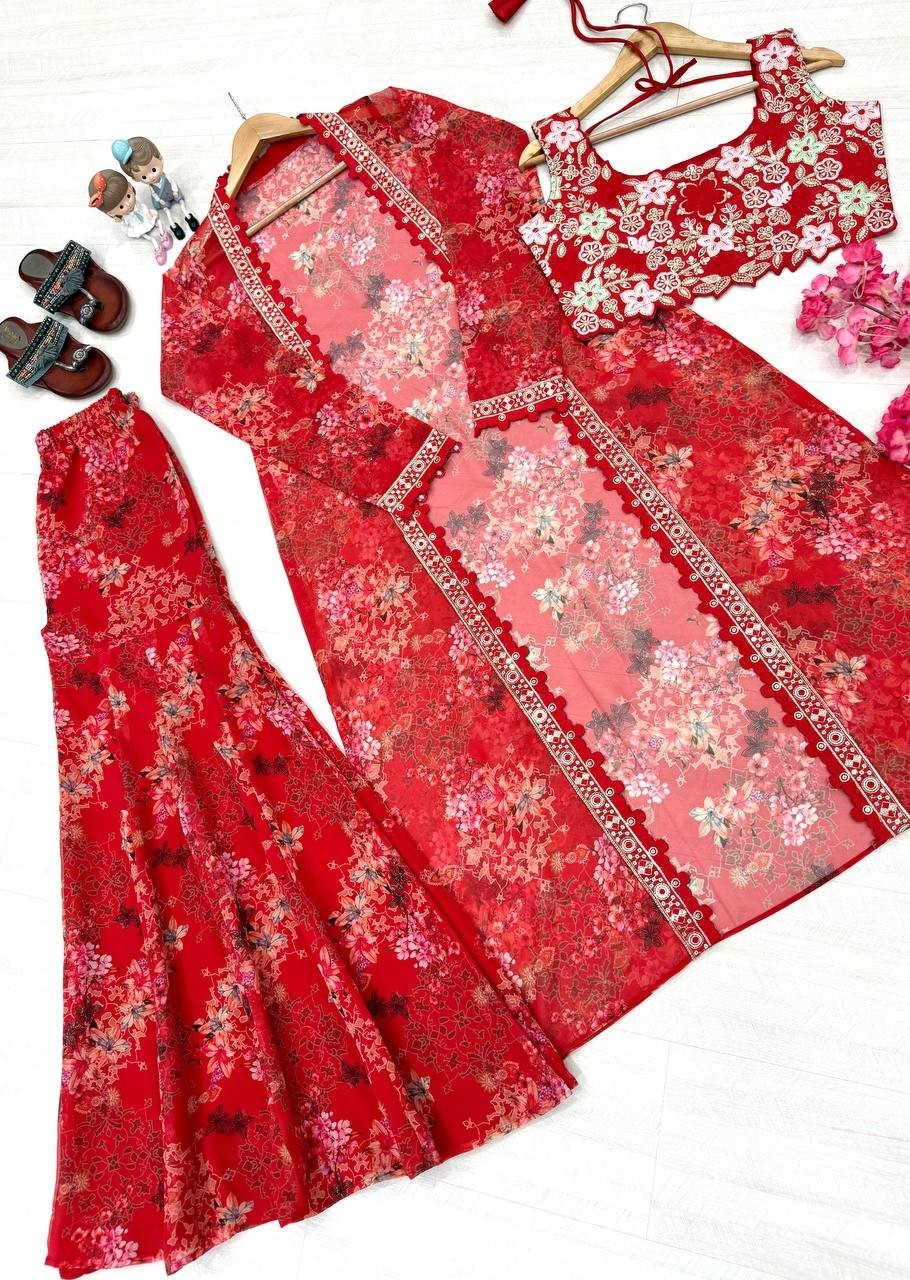 Readymade Designer Stitched Sharara Blouse with Shurg suits Dress For Women