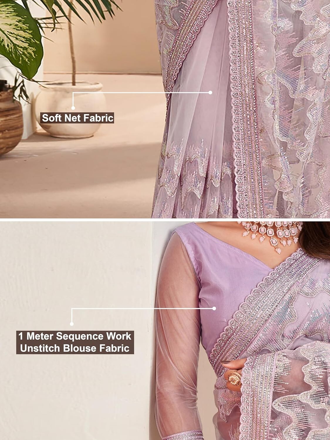 Women’s Net Sequin Embroidery Zarkan Work Saree with Unstitch Blouse Piece