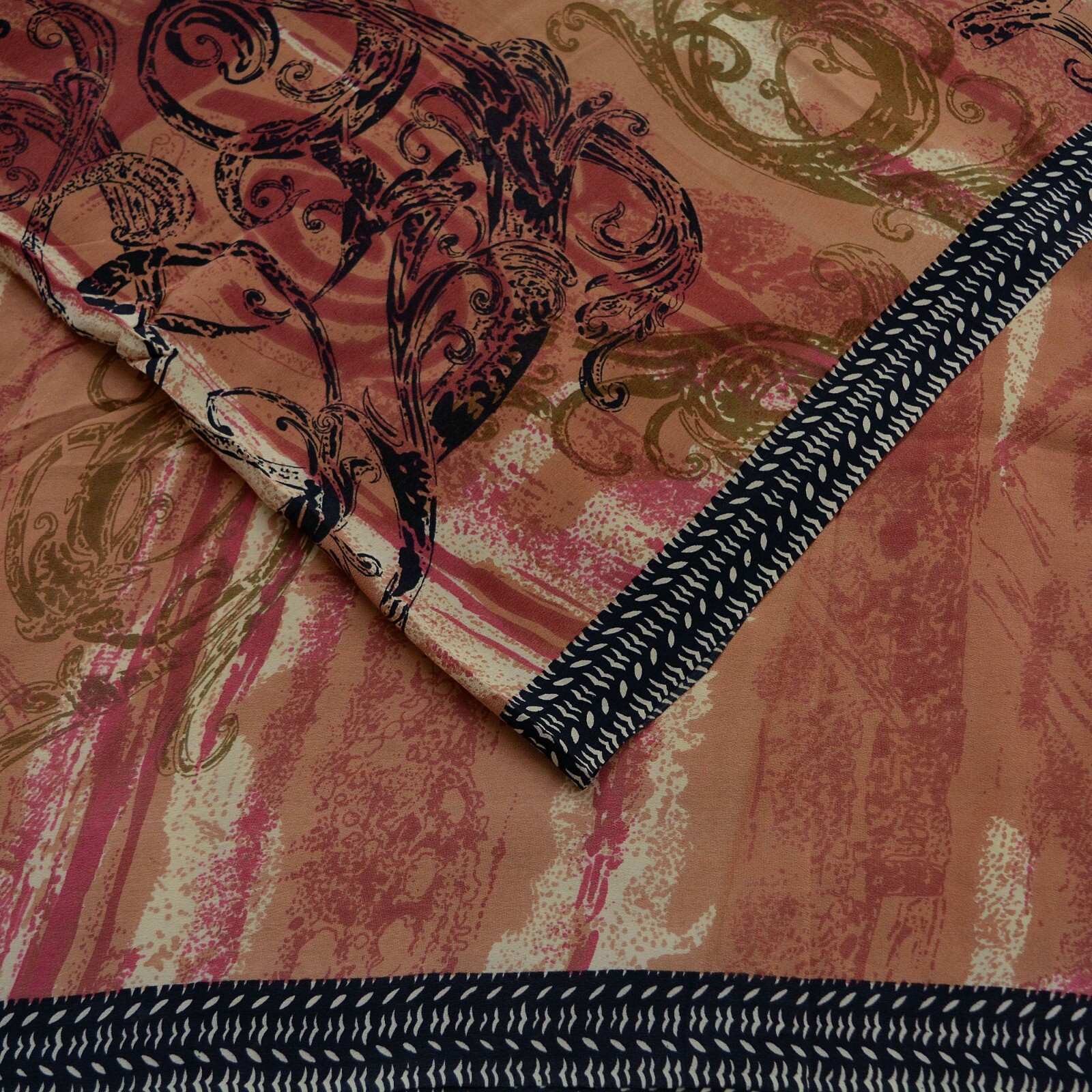 Vintage Sari Brown & Black Pure Crepe Silk Printed Saree 5yd Sewing Dress Making