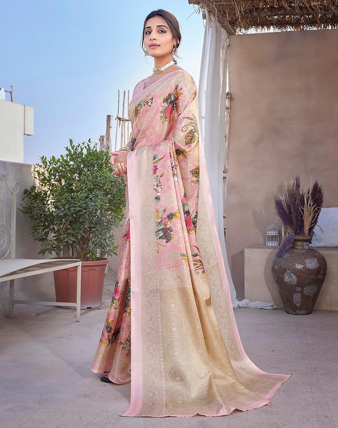 Women Art Silk Floral Printed Kanjivaram Saree with Blouse Material