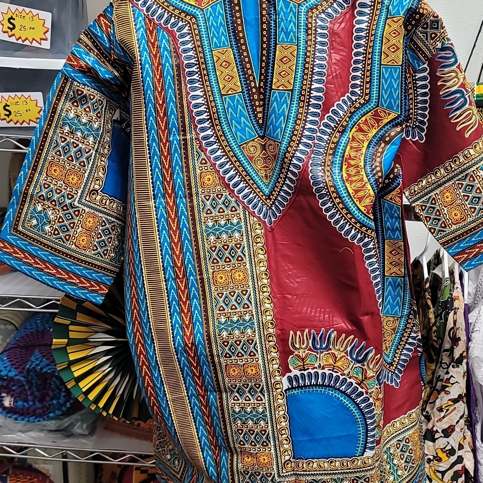 Handmade African Dashiki Shirt Blue Red Yellow Black Medium