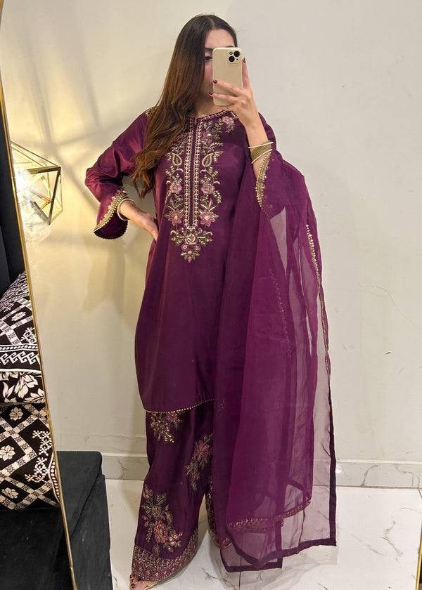 Attractive Look French Crepe Wine Top Bottom With Dupatta For Festival Wear