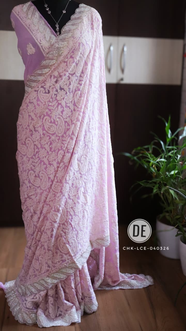 PURE ORGANZA SILK EMBROIDERY CUTWORK SCALLOP BORDER SAREE WITH CUTWORK BLOUSE