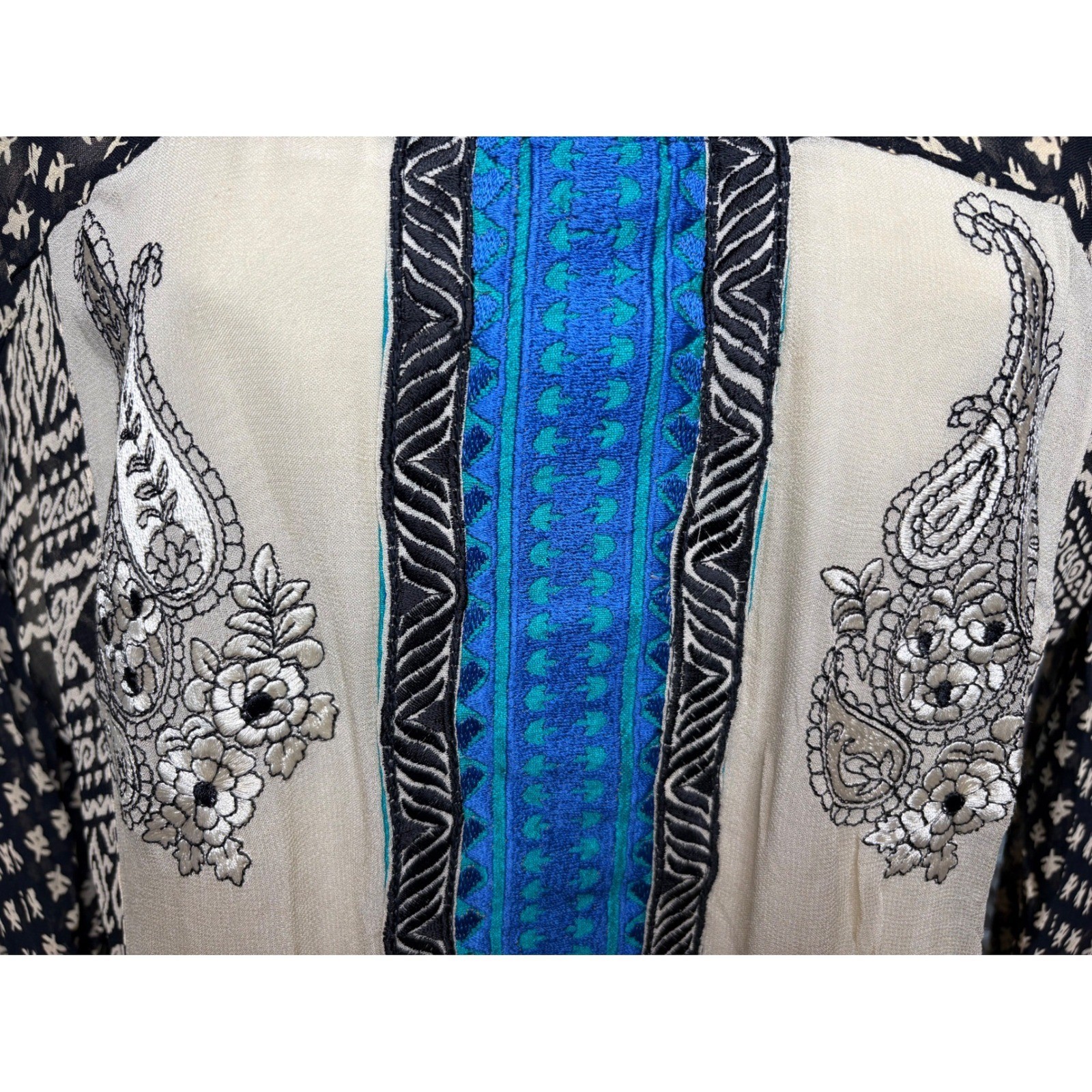 Womens Cream Black Blue Paisley Kurta Tunic Est Sz L Boho Embroidered Festive