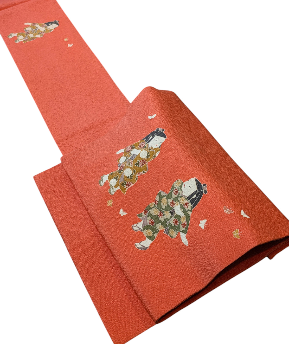 Vintage Japanese Kimono Silk Nagoya Obi Orange Children Dance Paint Textile Art