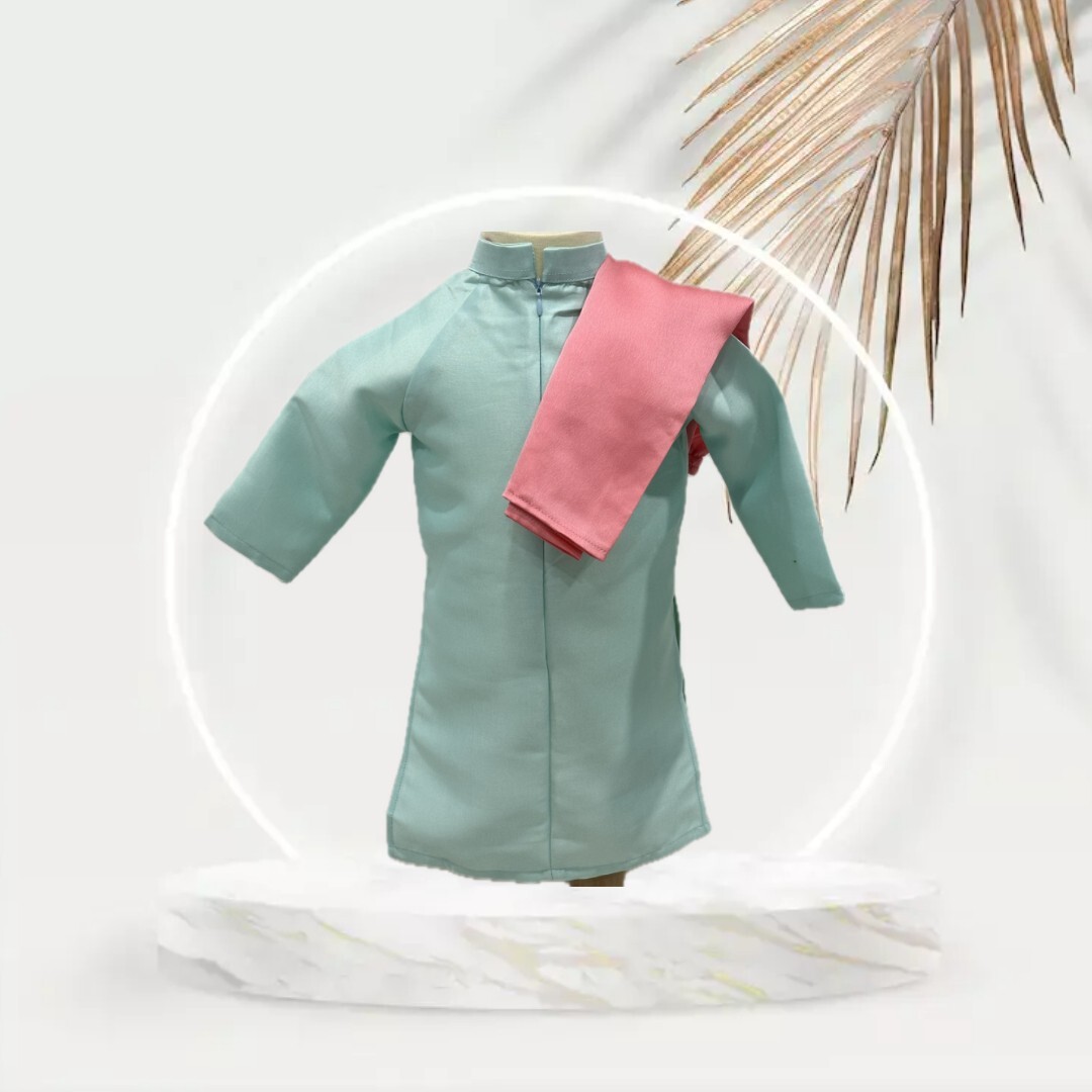 Turquoise Vietnamese Ao Dai with Pink Pants for Girl. Complete Set
