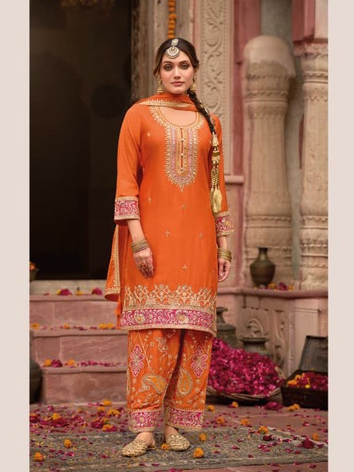 Designer Chinon Embroidered Suit – Top, Dupatta & Farshi | Festive Wear | suit