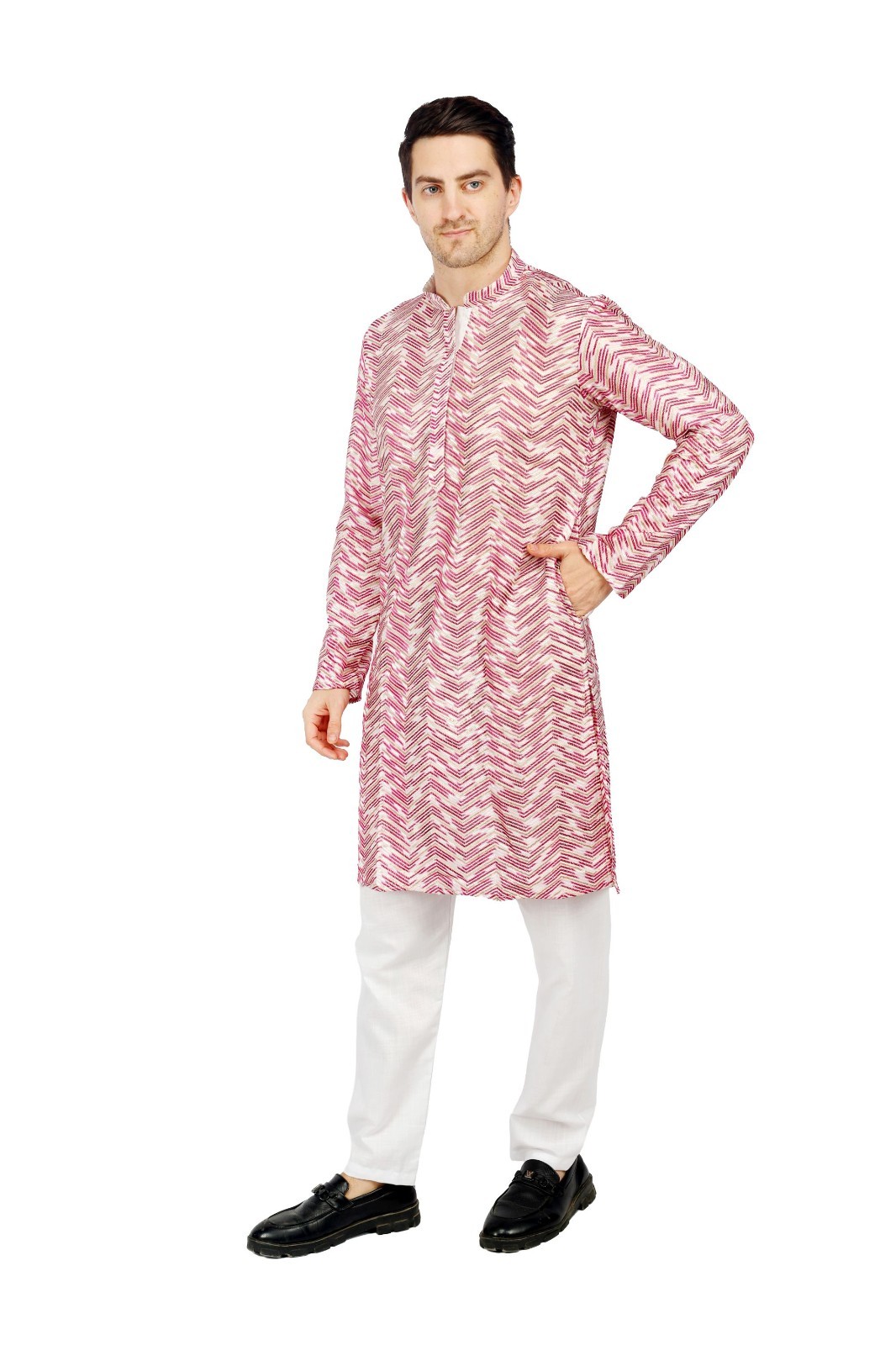 TRILOKI Men Kurta Set Chanderi Pink Geometric Ethnic Indian Traditional Wear