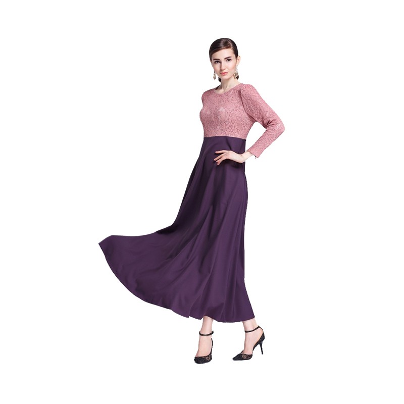 Women’s Round Neck Lace Long Sleeves Evening Dress A-Line Formal Party Gown Robe