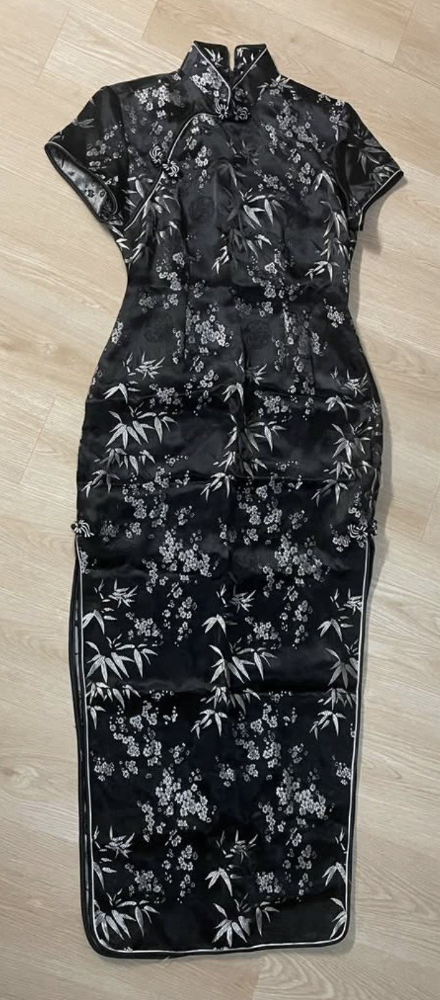 Vintage 1980s Black Silver Metallic Floral Bamboo Brocade Qipao Dress Size M