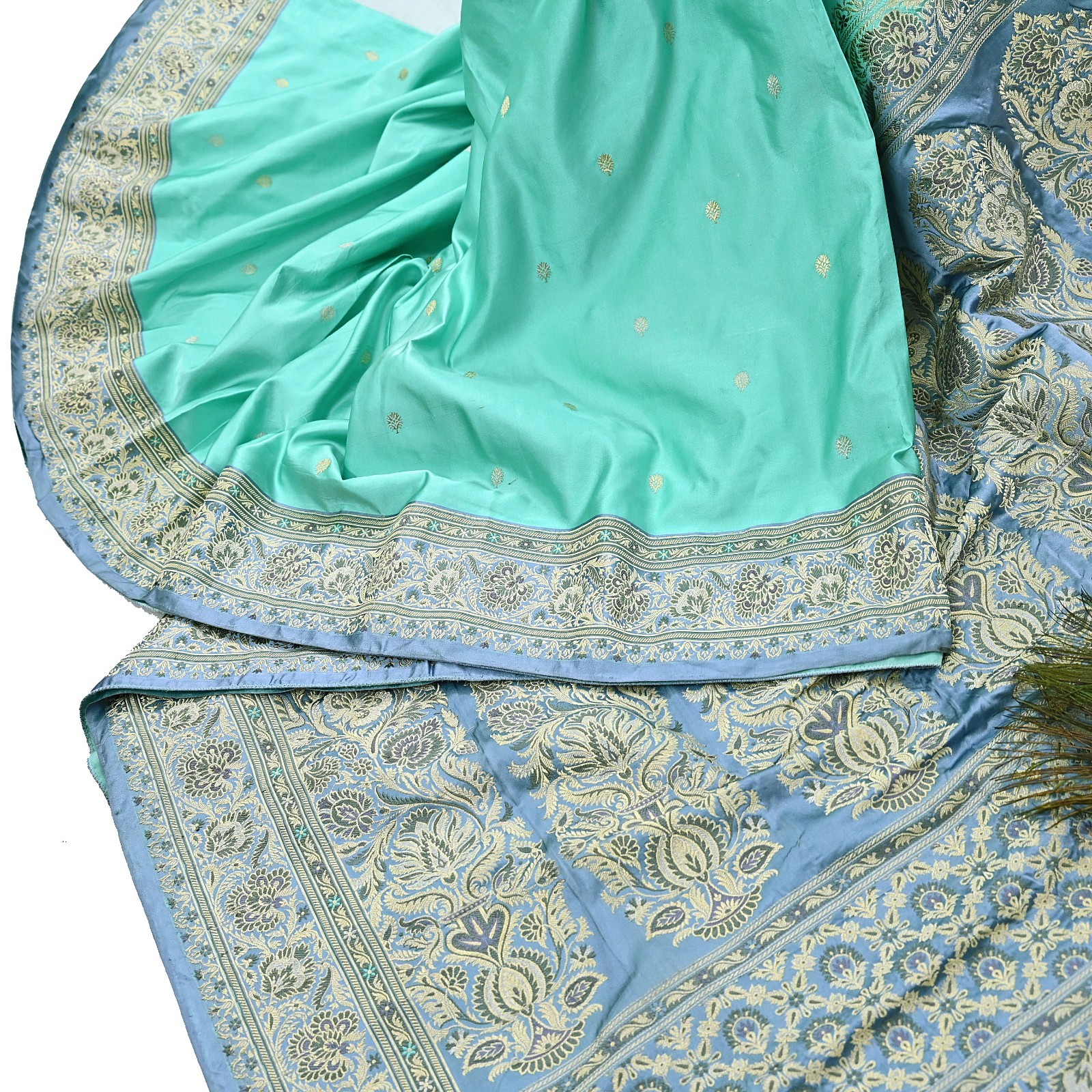 Indian Vintage Sari Heavy Pure Silk Woven Banarasi Brocade Saree Fabric 5Yd