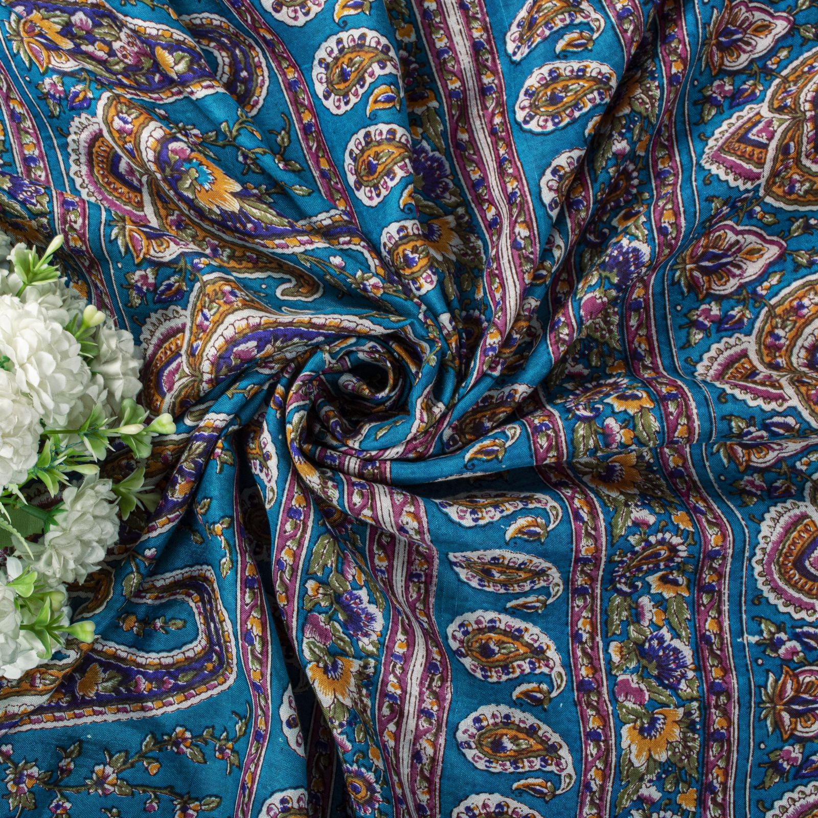 Sanskriti Vintage Saree Pink-Blue Pure Cotton Floral Printed Sari Fabric 5+Yard