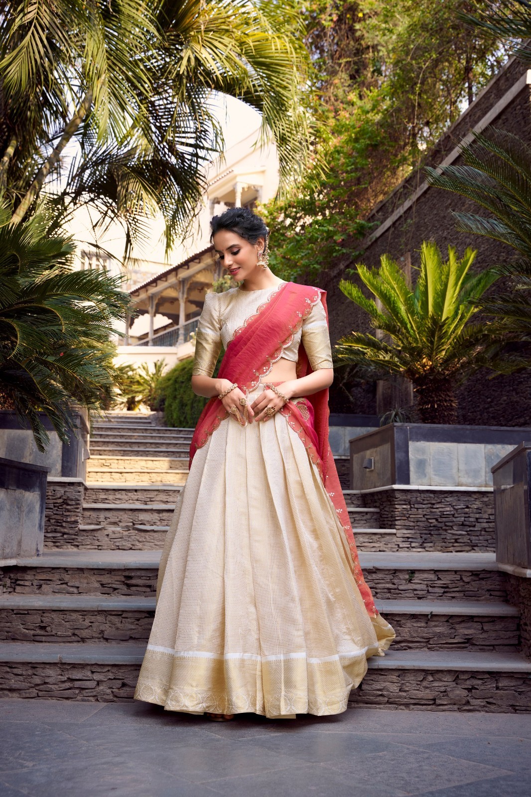 Latest Jacquard Chex Off White Lehenga Choli With Dupatta For Traditional Wear