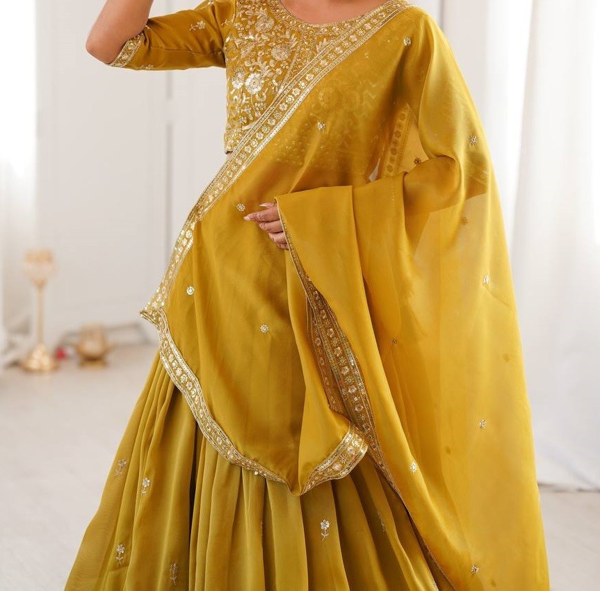 Traditional Yellow Simmer Silk Lehenga Choli With Dupatta For Women & Girls Wear