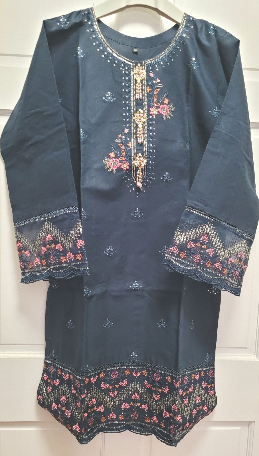 3pc Formal Cotton Linen Salwar Kameez w/ Dupatta – Navy Blue – Medium