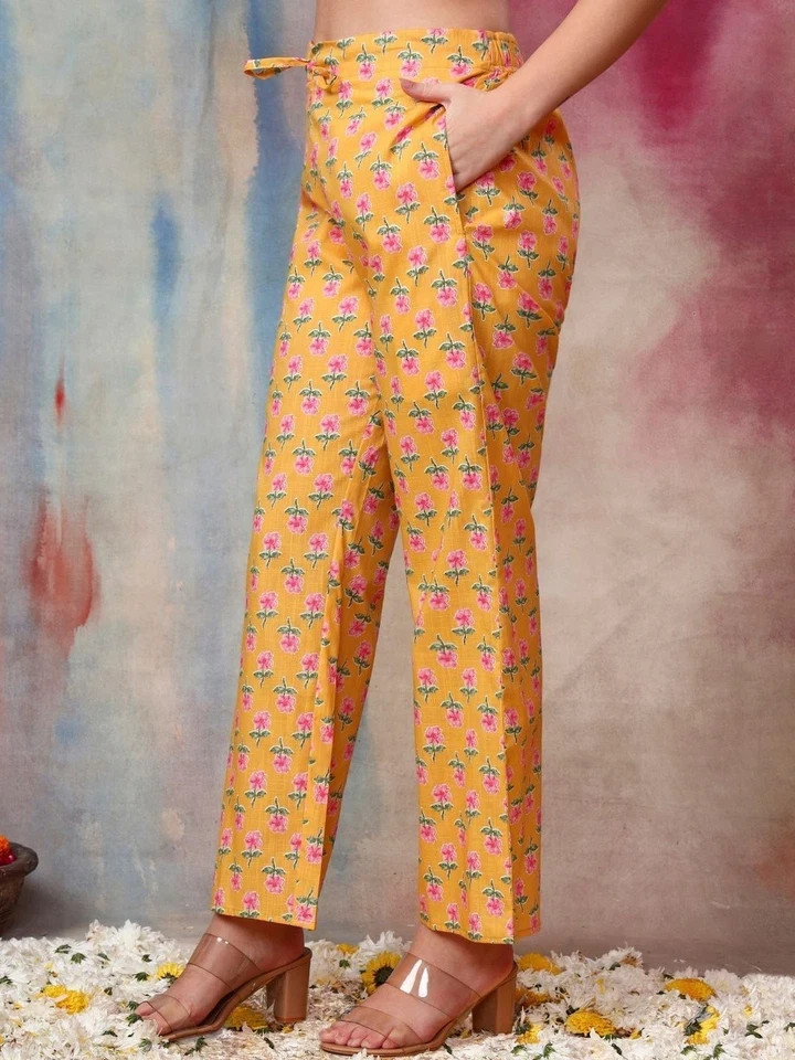 Indian Women Yellow & Pink Pure Cotton Floral Printed Kurta with Trouser Set