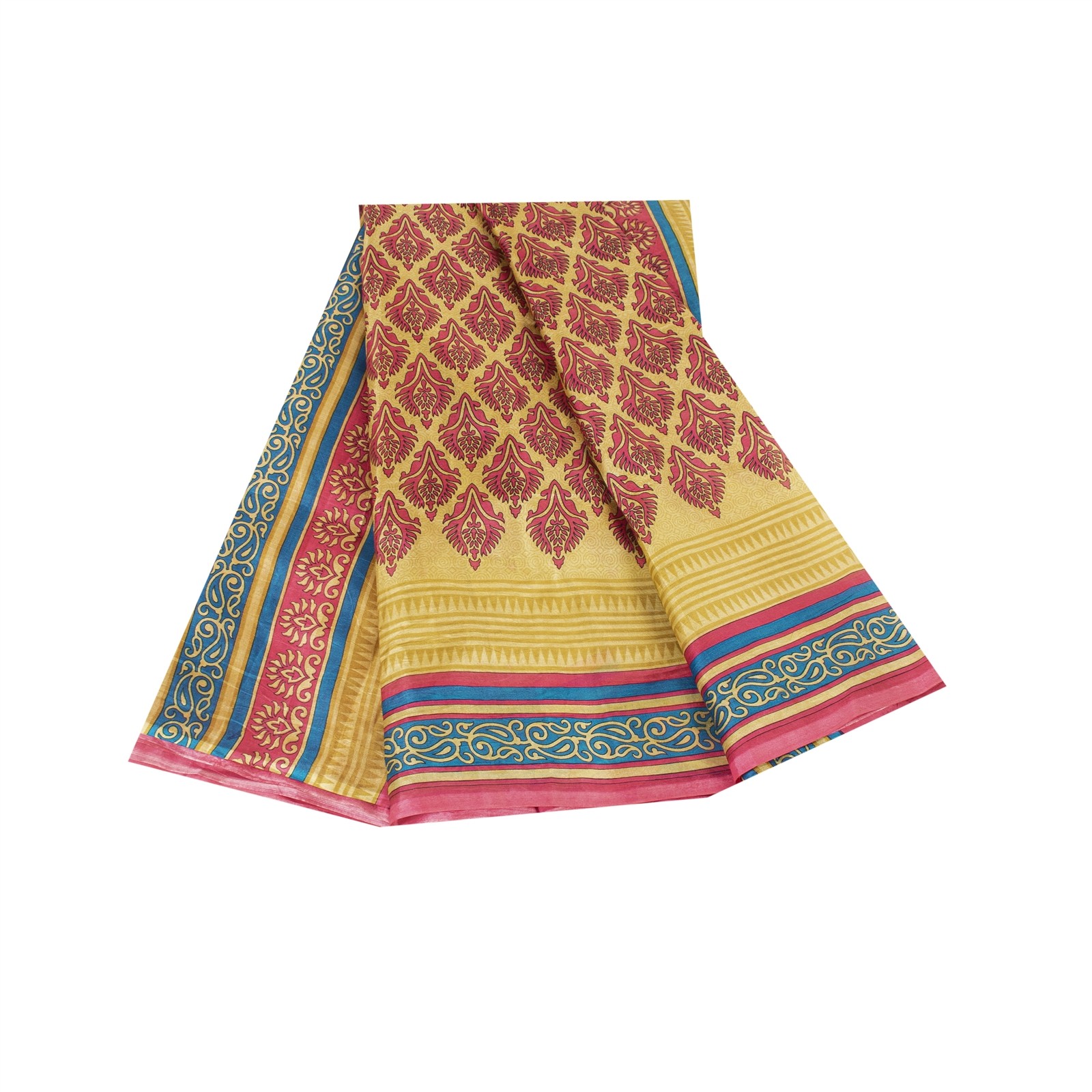 Sanskriti Vintage Sarees Pink & Cream Pure Silk Printed Sari 6+Yd Craft Fabric