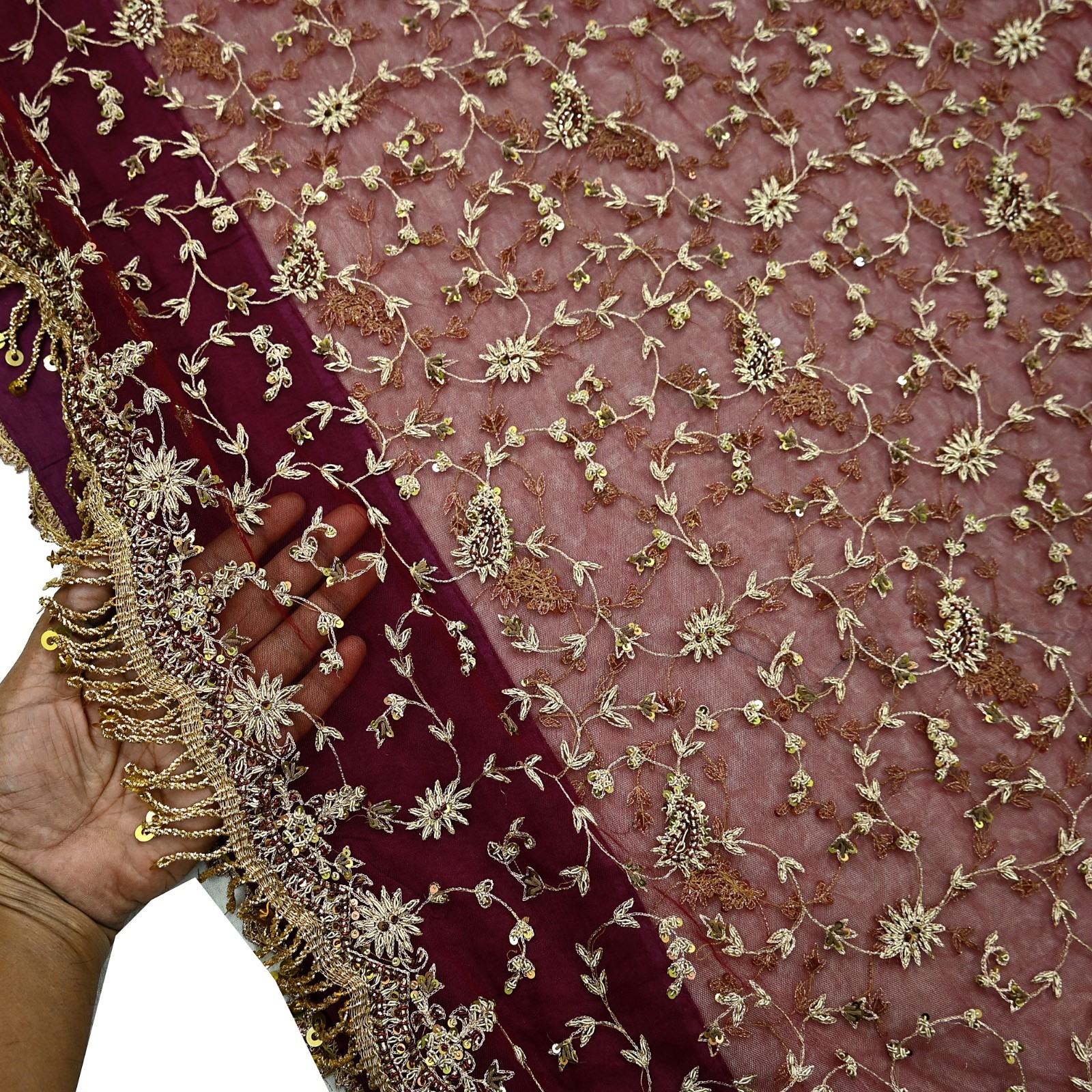 Vintage Heavy Sari Maroon Net/Mesh Hand Embroidered Sarees Fabric 6Yd Ethnic