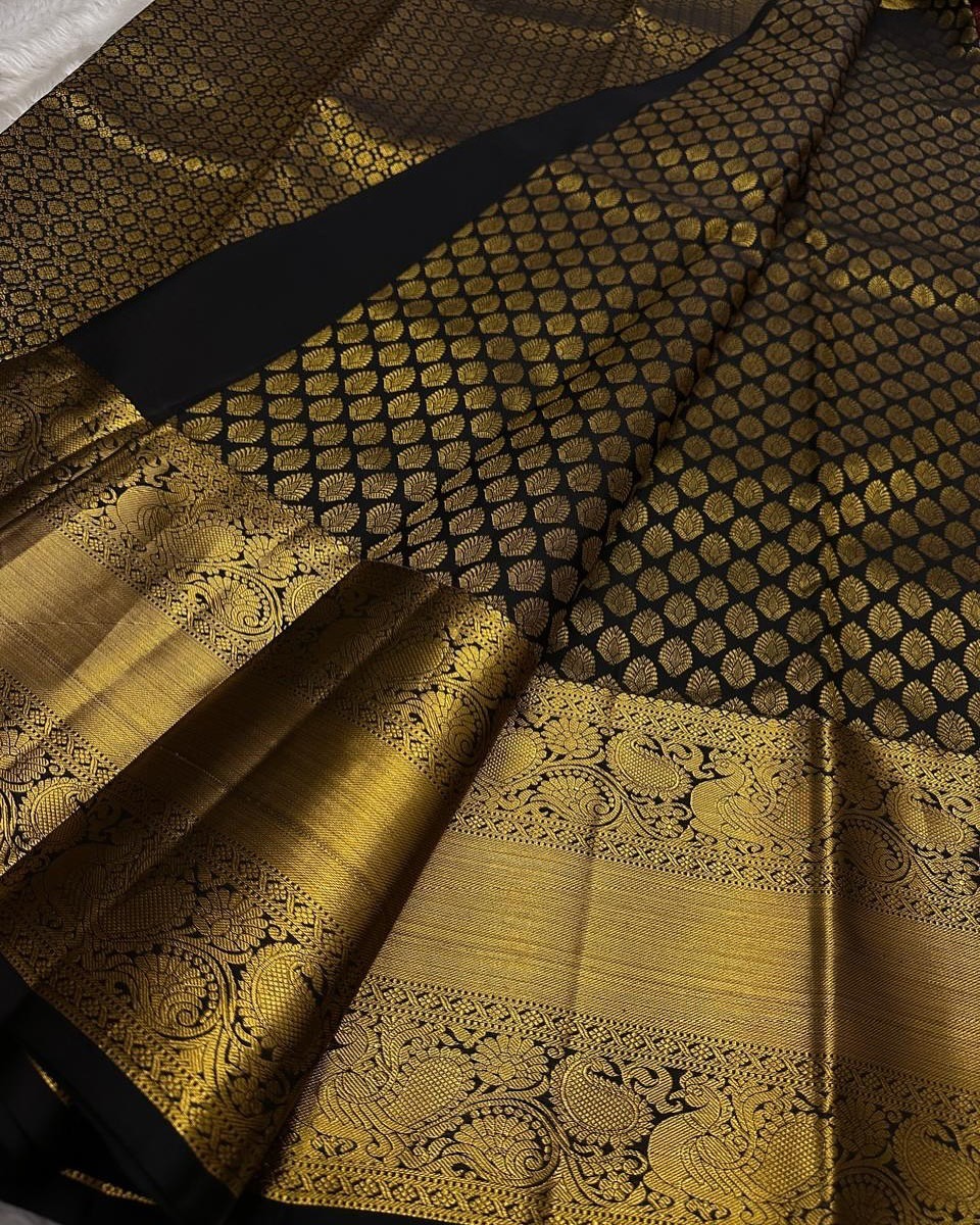 Regal Black Soft Silk Saree with All-Over Golden Zari Design ✨