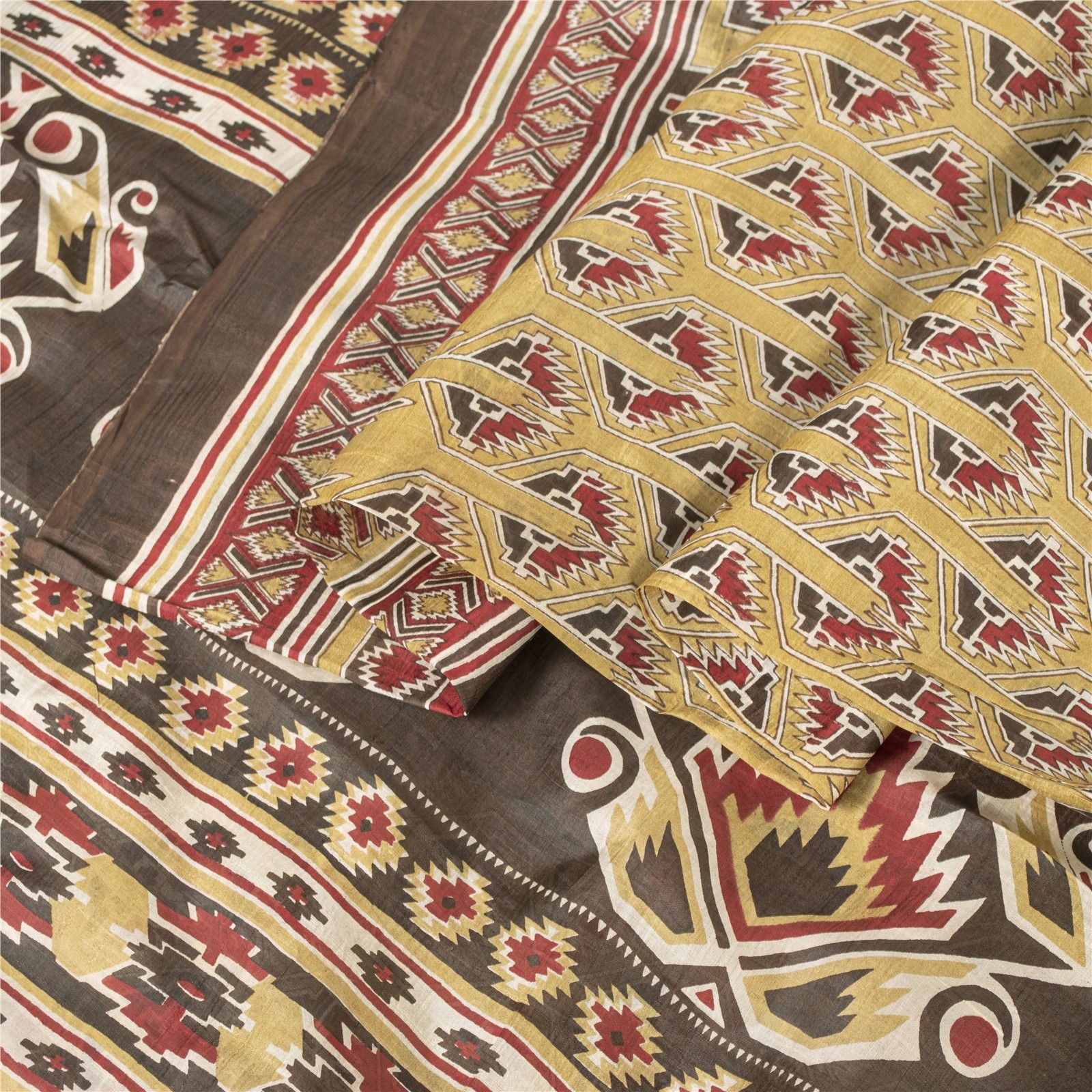 Sanskriti Vintage Sarees Olive Green 100%Pure Silk Printed Sari 6Yd Craft Fabric