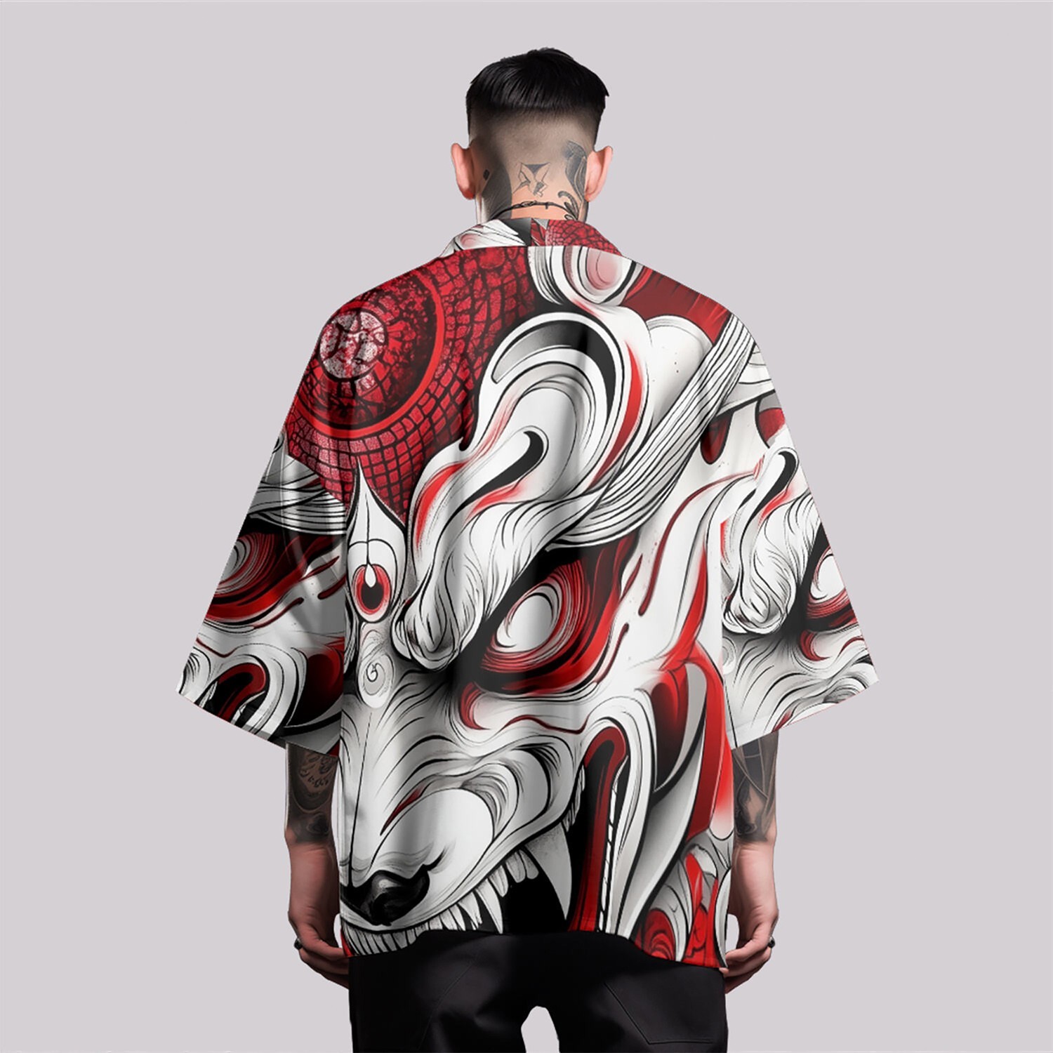 Niepce Men’s Japanese Graphic Lightweight Red Monster Kimono Cardigan Shirt Top
