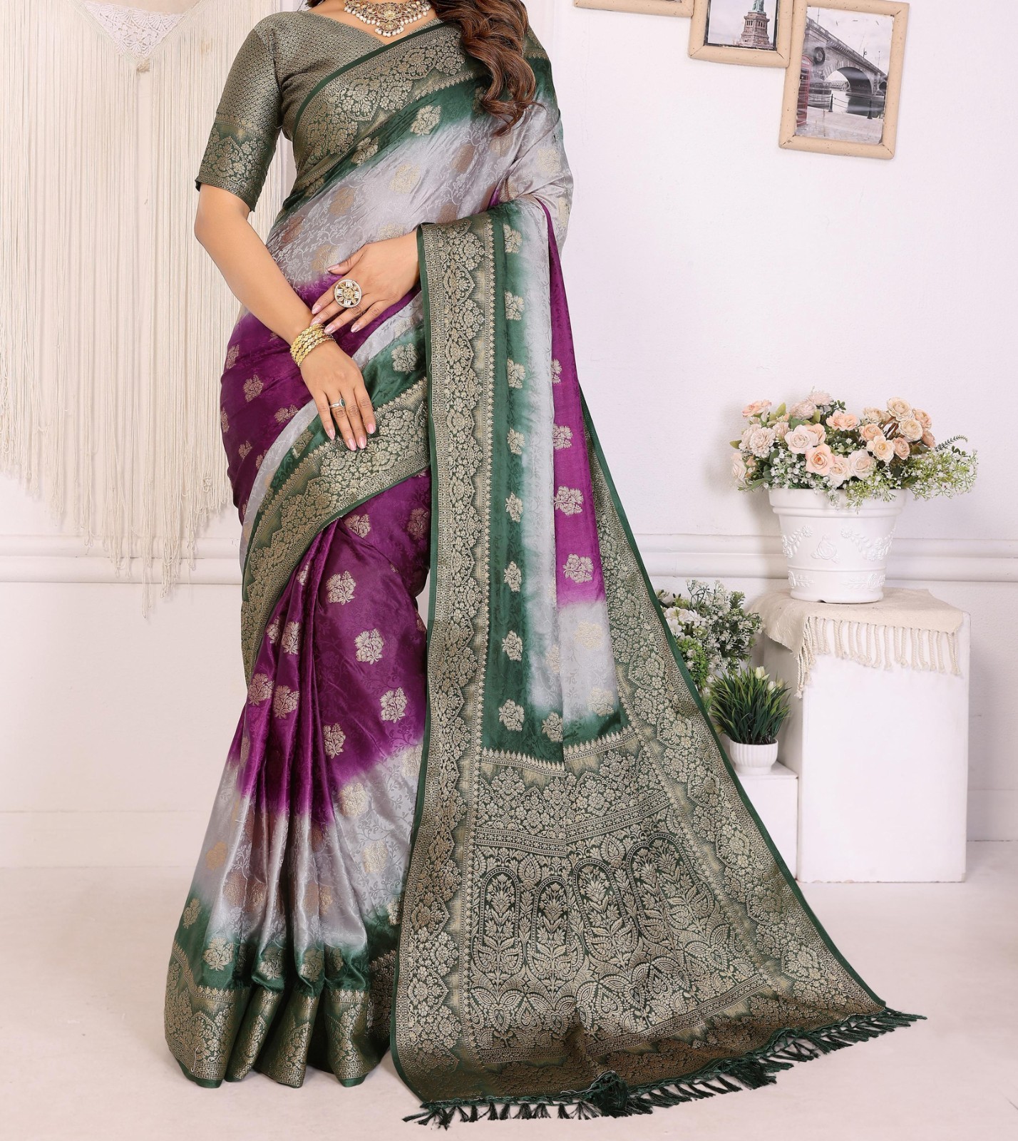 Buy 1 Get One Free Premium 3D Multi-Color Satin Silk Sari With Rich Zari Weaving