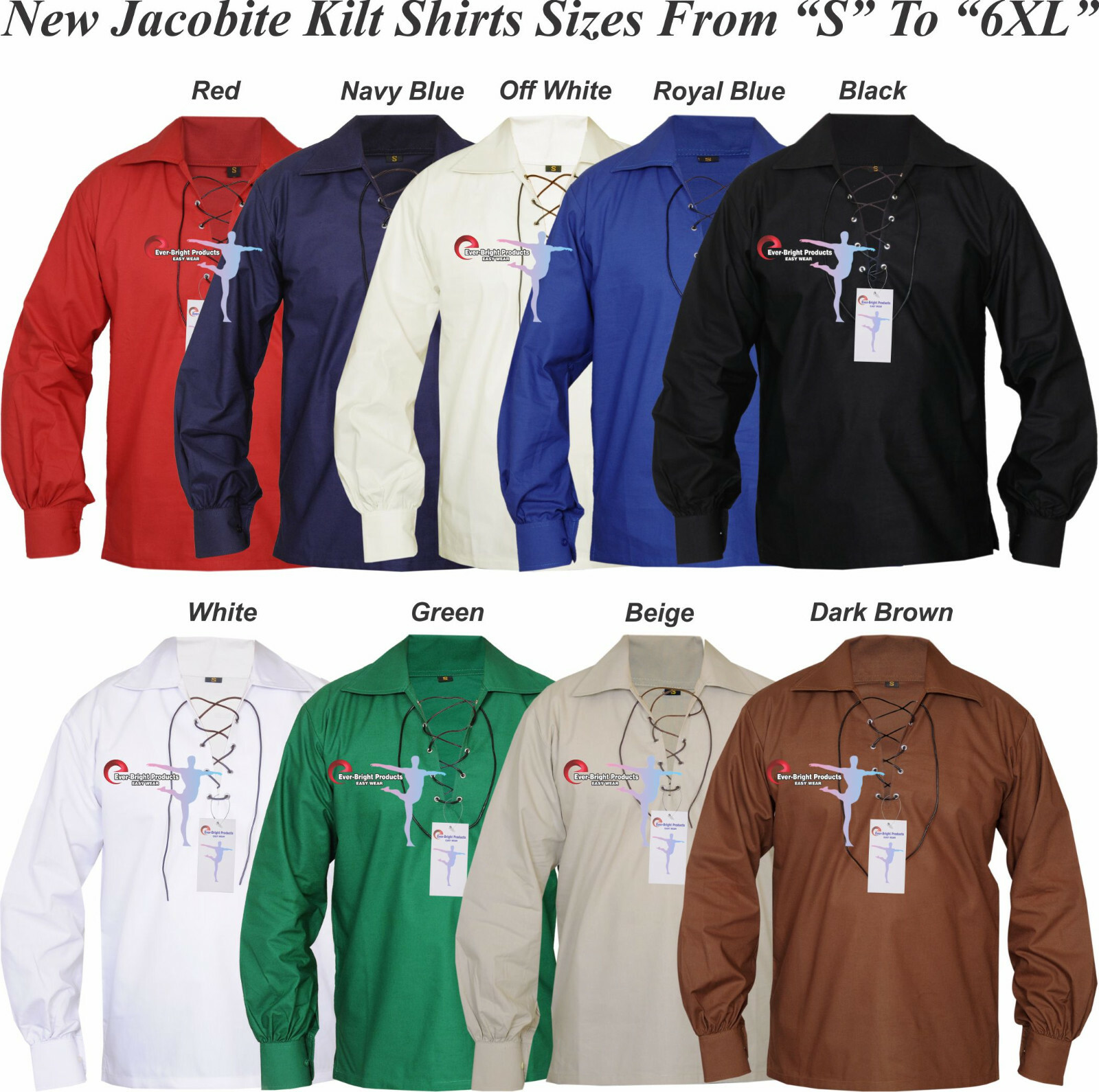 Scotish GHILLIE KILT SHIRT 9 Colors choice of Jacobite Jacobean sizes S To 6XL