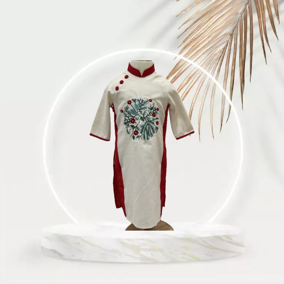 Beige Vietnamese Ao Dai with Red Pants for Girl. Complete Set