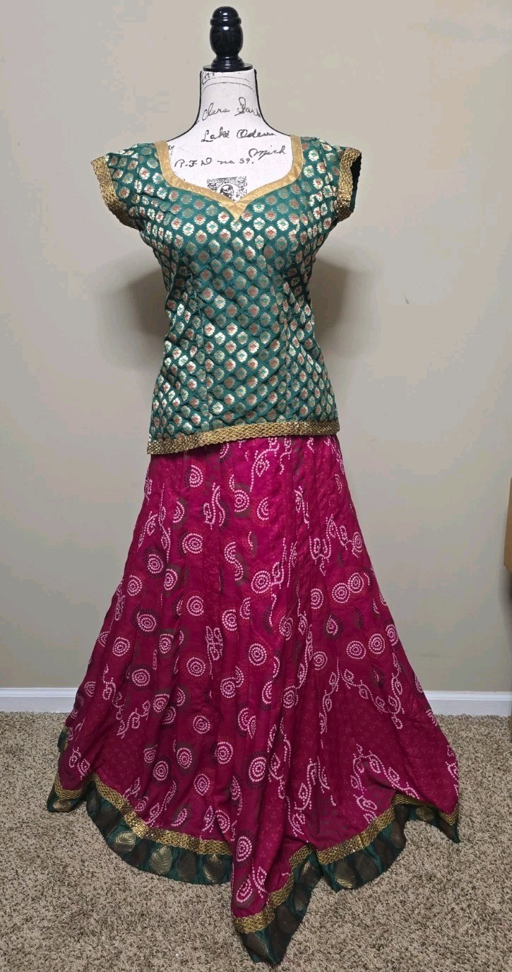 Indian Lehenga Choli Set Green Pink Gold Brocade Bollywood Festival Dance…