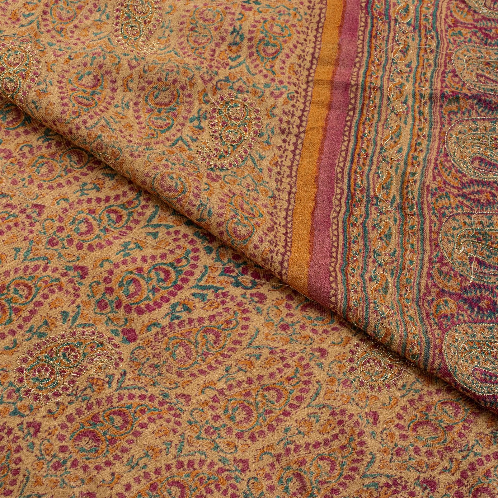 Sanskriti Vintage Soft Cream Pure Woolen Saree Block Print Embroidered Sari 5.5