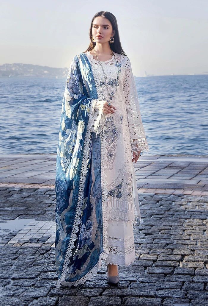 Elegant Schiffli Embroidered Lawn Suit with Silk Dupatta and Embellished Details