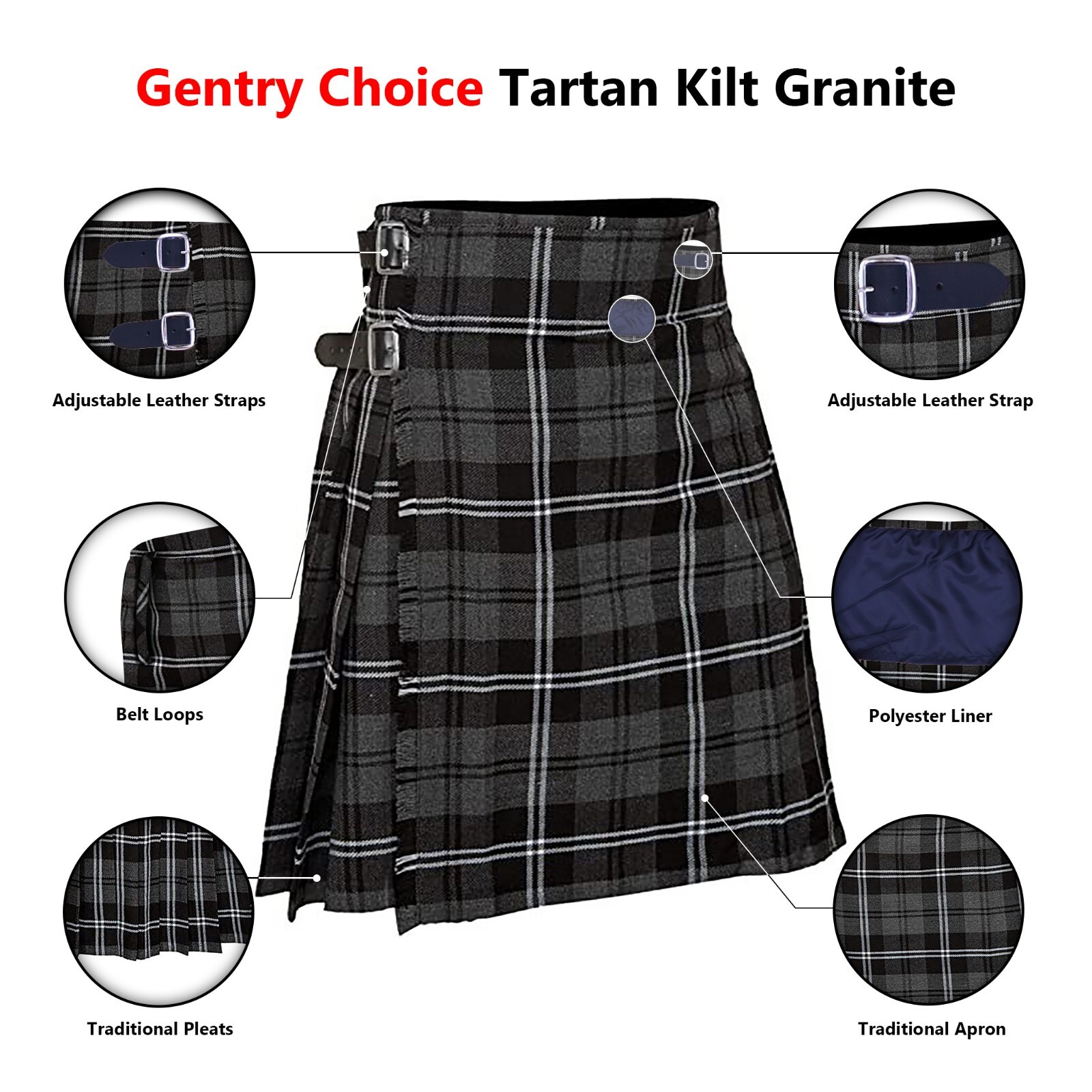 Scottish Tartan Kilt Granite 8 Yards Traditional Highlander Kilt Scottish Outfit