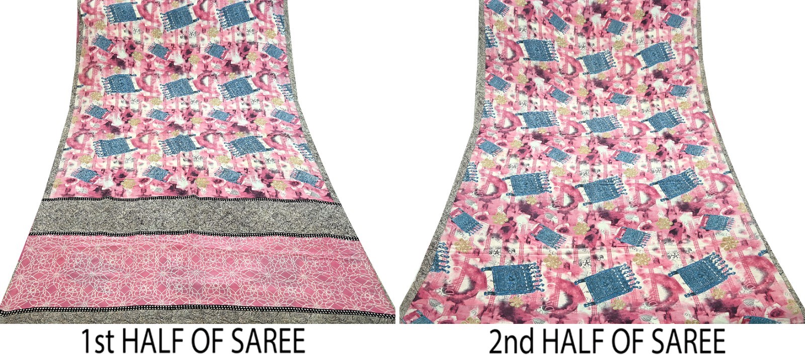 Vintage Pink & Ivory Saree Pure Crepe Silk Printed Sari Craft Fabric 5yd Sewing