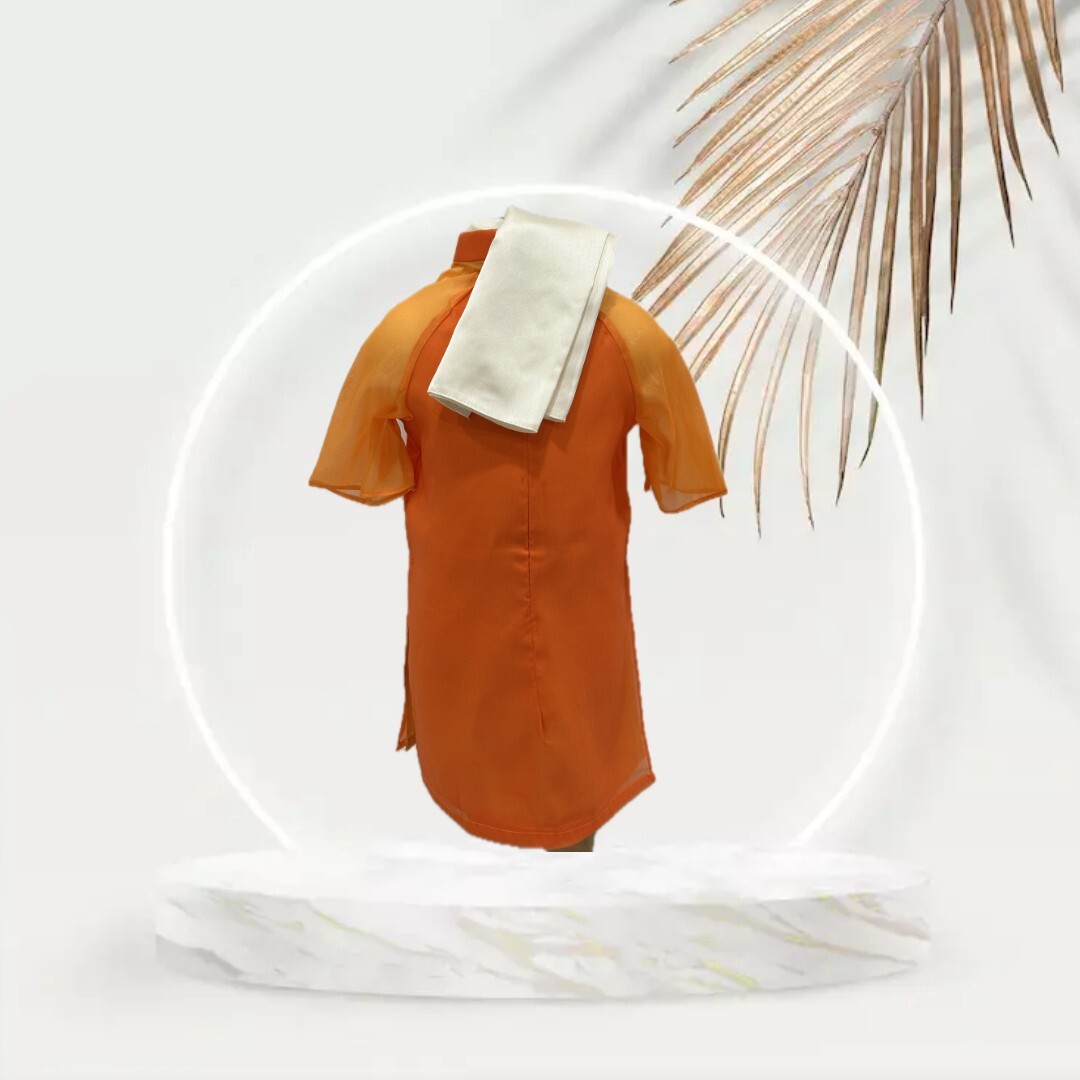 Orange Vietnamese Ao Dai with White Pants for Girl. Complete Set