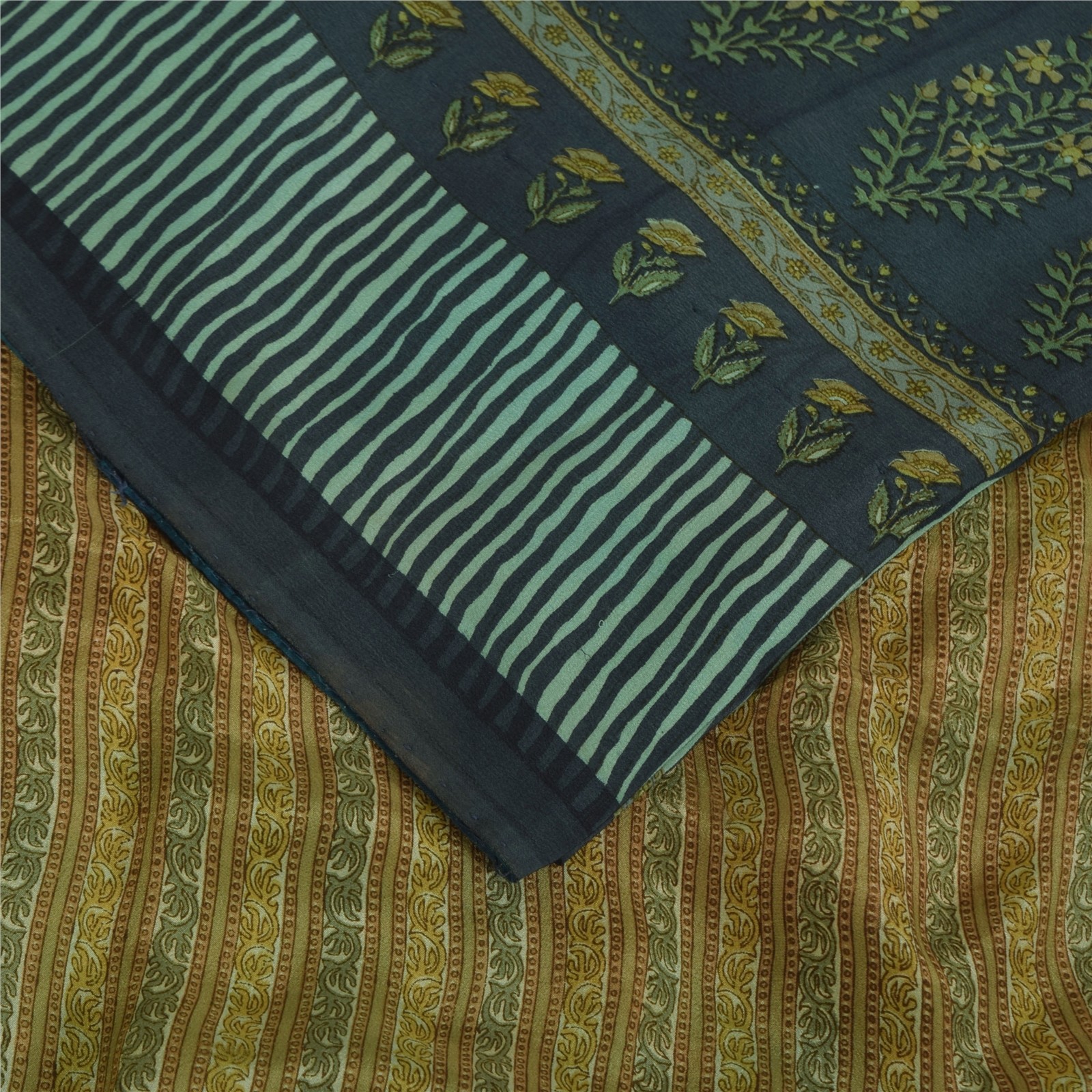Sanskriti Vintage Sarees Multicolor Pure Crepe Silk Print Sari 5+Yd Craft Fabric