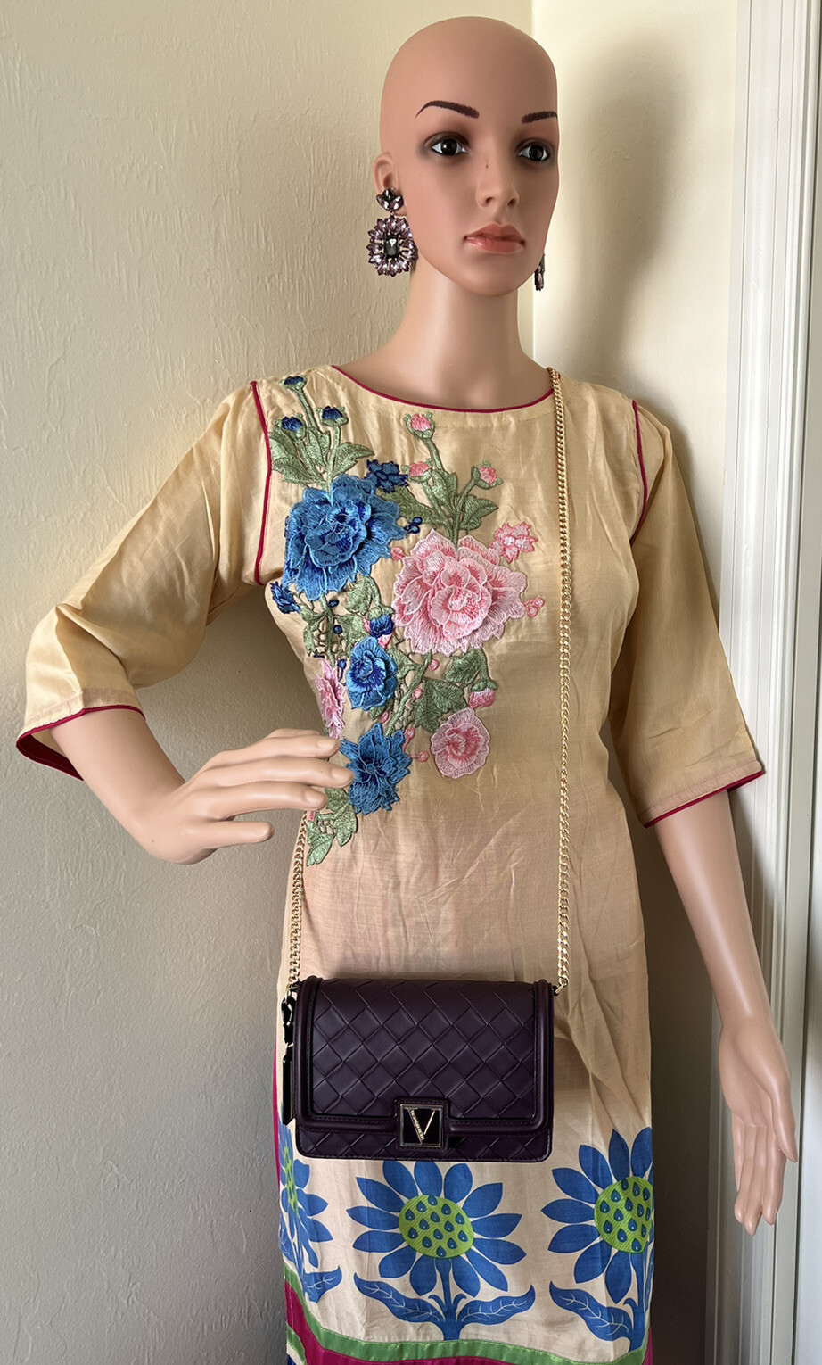Custom Indian/ Pakistani Rayon Kameez Size 36” With Embroidery In Beige 2pc Set