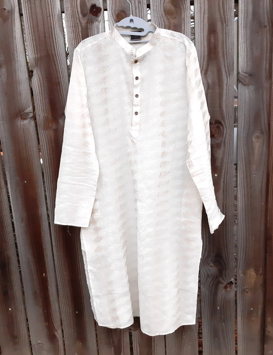 KISAH Mens Kurta Printed Cotton Blend Tunic (42) Off White Ivory / Gold New