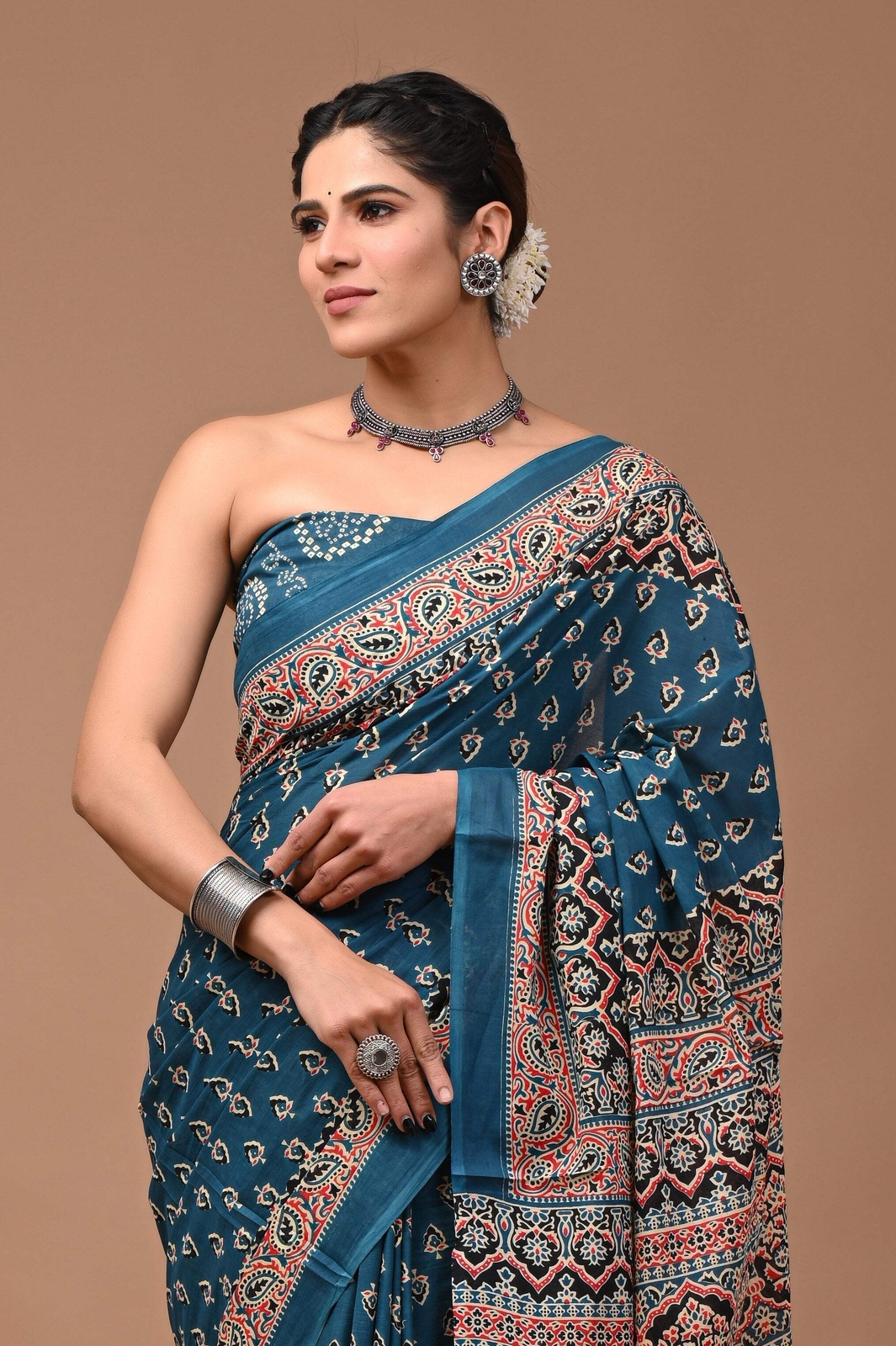 Indian Printed Skyblue Pure Cotton Mulmul Saree With Blouse, 5.50 Meter Sari