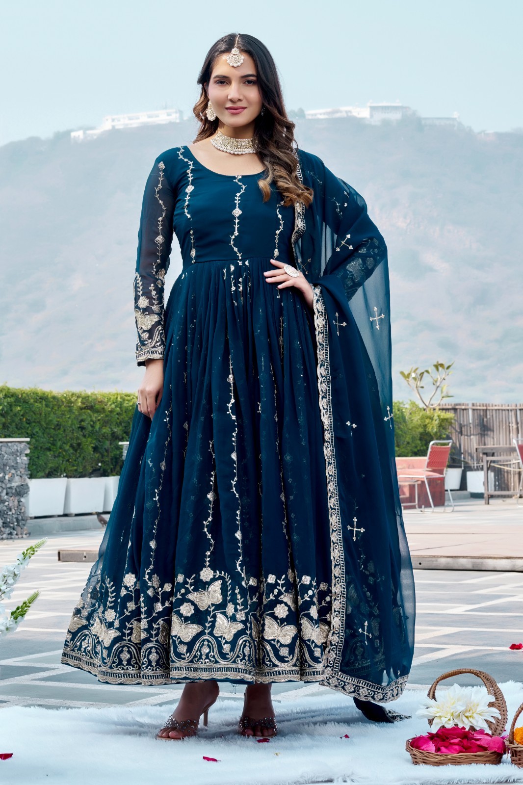 Fully Stitched Fox Georgette Gown Dupatta Heavy Sequins Festive Indian Dress 2pc