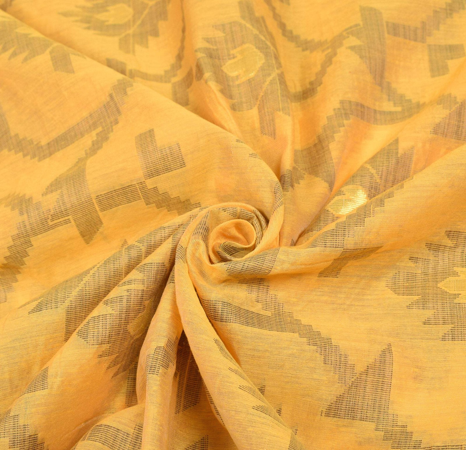 Sushila Vintage Dhakai Jamdani Saree Art Cotton Silk Yellow Woven Sari Fabric