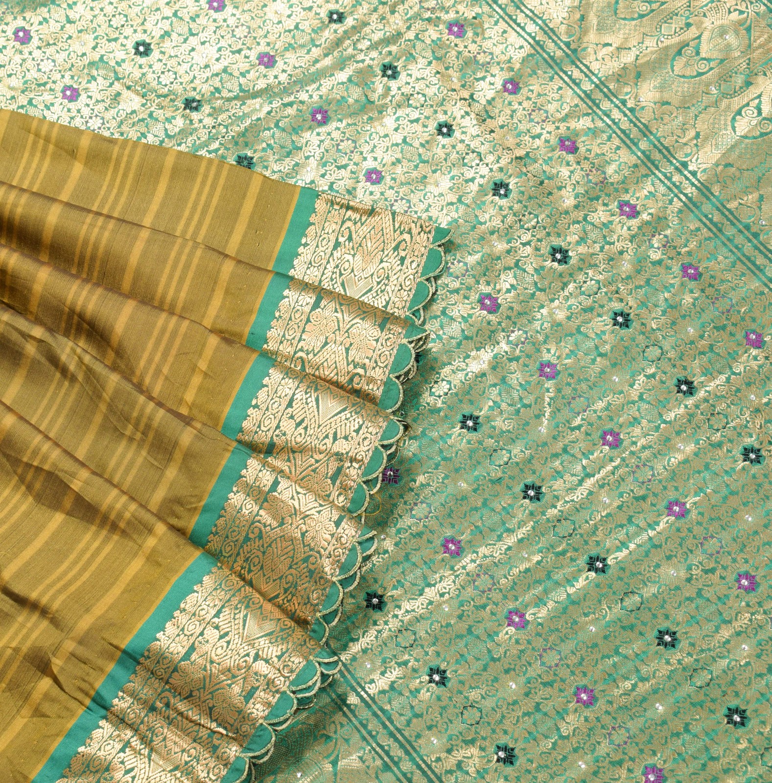 Sushila Vintage Mustard Green Saree Kanchipuram Bridal Pure Silk Brocade Sari Fa