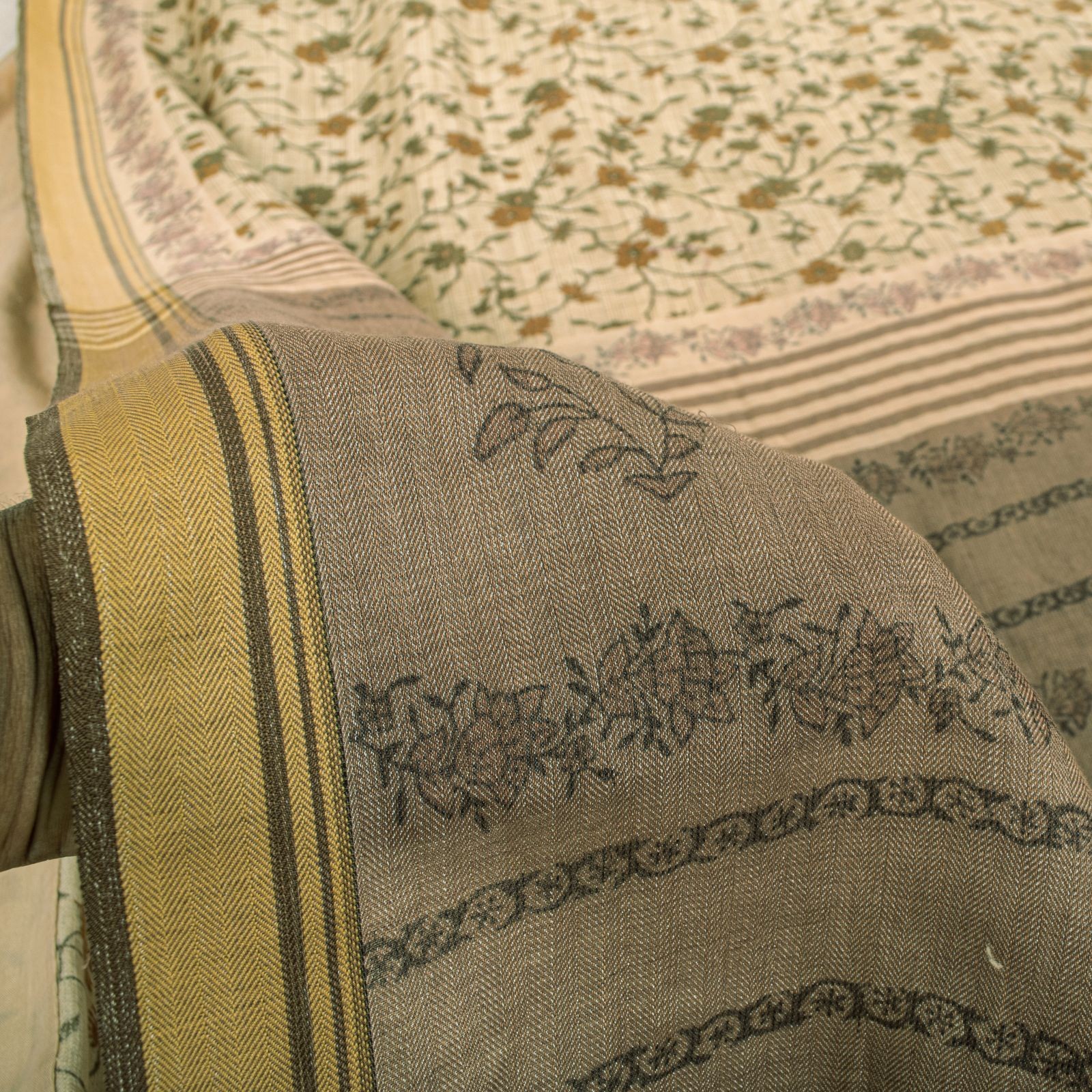 Sanskriti Vintage Pure Woolen Cream Saree Fabric Sanganeri Hand Block Print Sari