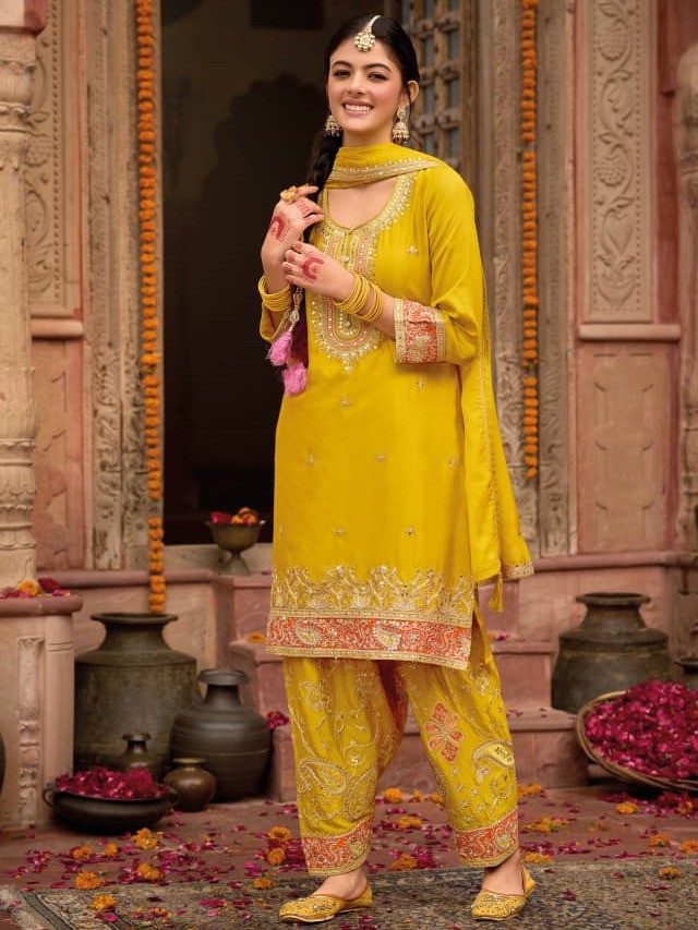 Designer Chinon Embroidered Suit – Top, Dupatta & Farshi | Festive Wear | suit