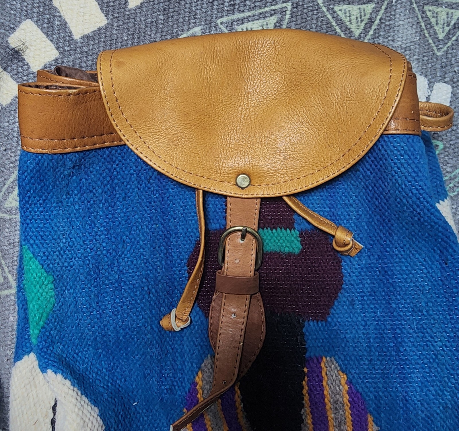 Original Peruvian Woven Wool & Leather Backpack. Three Amigos, adjustable straps