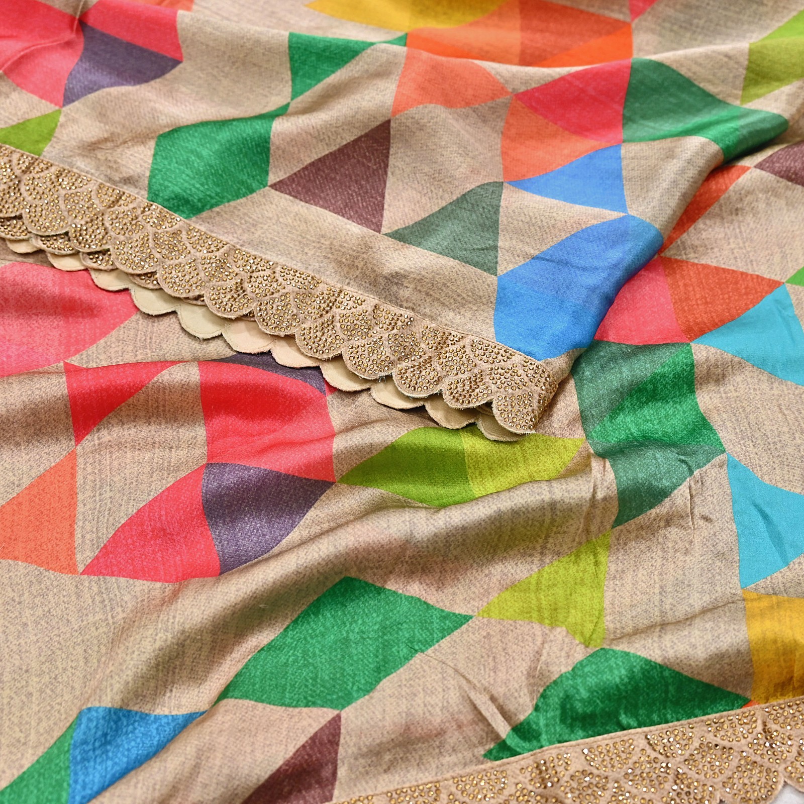 Rare Vintage Multi Pure Satin Silk Saree Hand Embroidered Fabric 5.5 Yards Sari