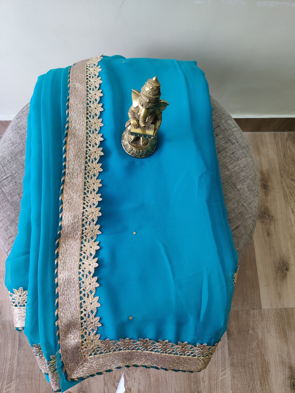 Saree Blue Georgette Fine Quality Sari With Golden Trim. Elegant Light Weight